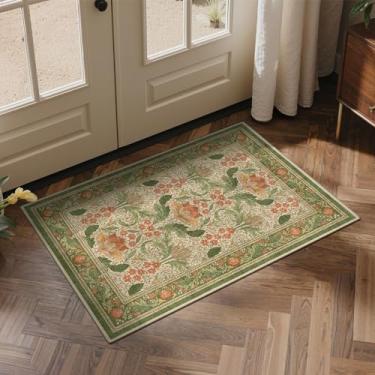 Imagem de Bavni Tapetes de área de 5 x 7 cm, tapetes florais laváveis à máquina para sala de estar, sala de jantar, quarto, antiderrapante, estético, vintage, camada baixa, durável, leve, verde sálvia e laranja