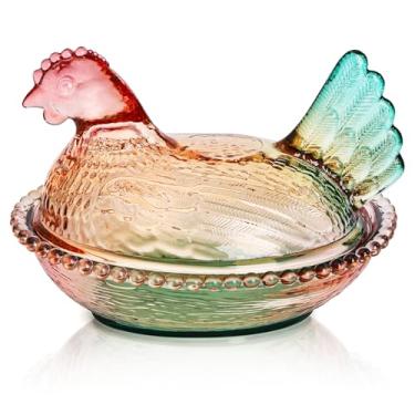 Imagem de Eorbow Prato de doces de vidro em forma de frango, tigela de doces de cristal com tampa, recipiente de lanche colorido estilo vintage prato de sobremesa para cozinha casa bancada