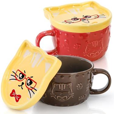 Imagem de Cididu Conjunto de 2 canecas fofas de gato com tampa, canecas de leite de café de cerâmica de 293 ml com porta-copos e xícara de chá Kawaii para amantes de gatos, novidade canecas de café da manhã