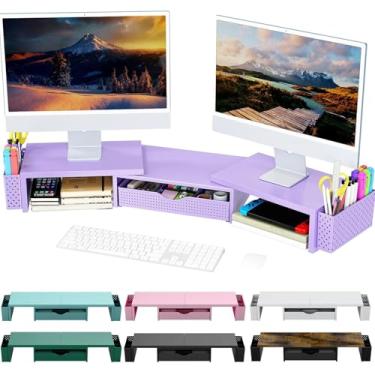 Imagem de Spacrea Organizadores e acessórios de mesa de metal, suporte para monitor duplo com gaveta e 2 suportes de caneta, acessórios de mesa e organizadores de mesa de trabalho para material de escritório