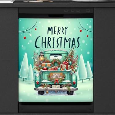Imagem de Capa de ímã de lava-louças de Natal caminhão verde, capas magnéticas para decoração de lava-louças, capa magnética para porta de geladeira, decalque de geladeira para cozinha, eletrodomésticos