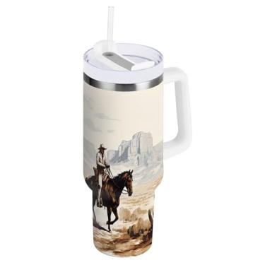 Imagem de xigua Copo vintage Western Cowboy de 850 g com tampa e canudo, aço inoxidável de vácuo duplo isolado garrafa de água esportiva suporte para copo de café de viagem à prova de vazamento para bebida
