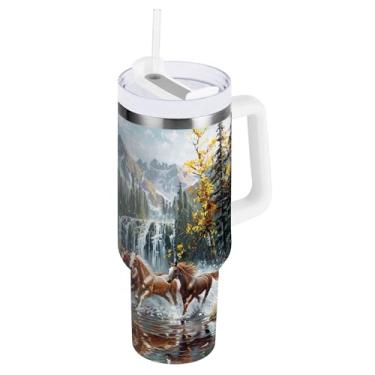 Imagem de xigua Copo Majestic Horse de 850 g com tampa e canudo, aço inoxidável de vácuo duplo isolado garrafa de água esportiva suporte de copo de café de viagem à prova de vazamento para bebida gelada