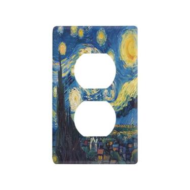 Imagem de Blueangle The Starry Night Art Duplex Outlets Placa de parede, tamanho padrão, placas de cobertura de tomada elétrica de 1 gangue para decoração de quarto de escritório em casa, 4,53 x 2,76 polegadas