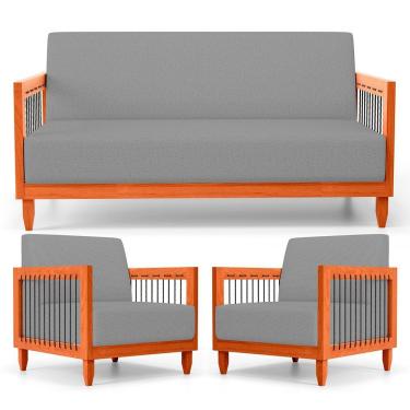 Imagem de Kit 02 Poltronas E 01 Sofá Samoa Madeira Maciça Com Cordas Náutica Linho Cinza - Abmaza