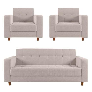 Imagem de Sofá 2 Lugares E 2 Poltronas Pé Madeira Castanho Arezo Linho D01 - D'rossi A19 Bege