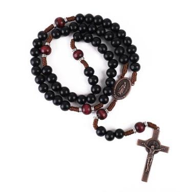 Imagem de Nazareth Store Rosário católico feito à mão de madeira maciça oliva e vermelho escuro com medalha de cobre antigo e presente de guerreiro espiritual crucifixo para homens, 20.6", Madeira, Sem Pedra