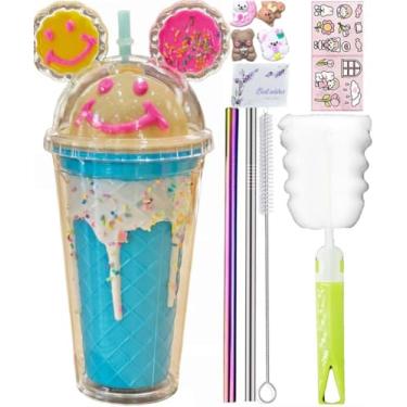 Imagem de windyswag Copos de viagem de orelha de biscoito com canudos, sorriso, donut, gelo, bebidas, garrafa de água, caneca de café infantil, copo de plástico reutilizável, presente de aniversário (sorriso de