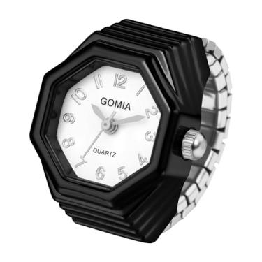 Imagem de JewelryWe Relógio de dedo masculino feminino – pulseira elástica elástica octógono mostrador quartzo analógico novidade anel relógios para o Natal, Preto