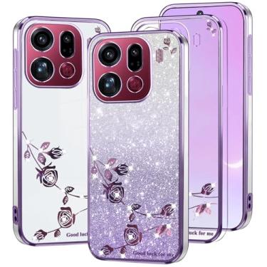 Imagem de Kainevy Capa de telefone para Oppo Find X9 Pro transparente com glitter floral, linda e fina para Oppo Find X9 Pro, capa protetora de silicone à prova de choque feminina e estética brilhante (roxa)