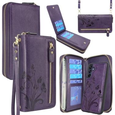 Imagem de Lacass Carteira para Samsung Galaxy A15 5G, capa de couro magnético removível com zíper duplo, alça de pulso, 13 compartimentos para cartões, bolso para dinheiro (floral roxo escuro)