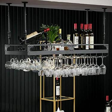 Imagem de APUM Suporte de copo de vinho para pendurar – Suporte de garrafa de vinho preto para teto, prateleira de vinho de ferro, 30-60 cm de altura ajustável, para bares e restaurantes