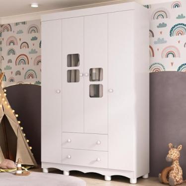 Imagem de Guarda-roupa Infantil 122cm com Vidro 4 Portas e 2 Gavetas Luna Multimóveis Mp4413 Branco