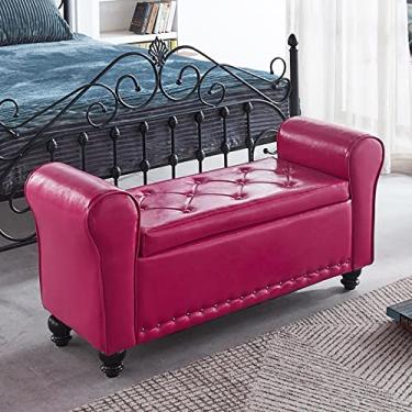 Imagem de FAMEOYA Banco otomano de armazenamento armado de couro PU, banco de armazenamento de braço enrolado, moderno banco de cama tufado, banco de entrada, banco de madeira para sofá, apoio para os pés rosa