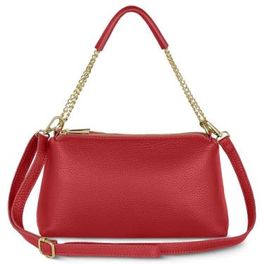Imagem de TAKEASY Bolsa feminina de couro de bezerro italiano com 2 compartimentos com zíper | Bolsa de ombro com alça para uso diário, Vermelho, Small, Bolsa retangular estruturada com vários compartimentos