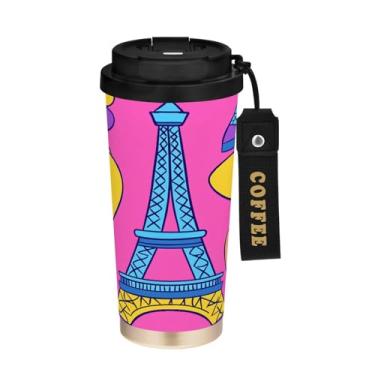 Imagem de STAYTOP Caneca de café com isolamento térmico Torre Eiffel com corações de 500 ml, copo de café reutilizável de aço inoxidável com tampa flip à prova de vazamento à prova de vazamento para escritório