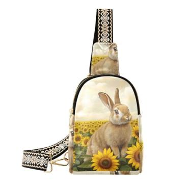 Imagem de CEBUGI Bolsa tiracolo de couro para mulheres, girassóis de coelho, bolsa de peito para caminhadas, viagens ao ar livre