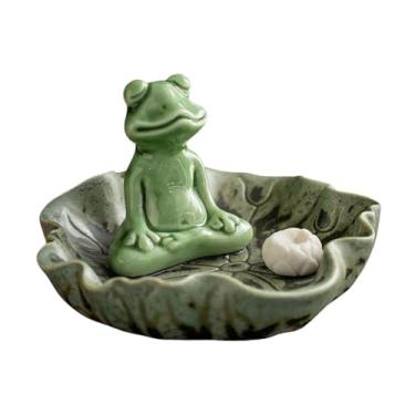 Imagem de Fenteer Incensário decorativo em cerâmica em formato de sapo fofo com bandeja em formato de folha de lótus, ideal para sala de estar e meditação.