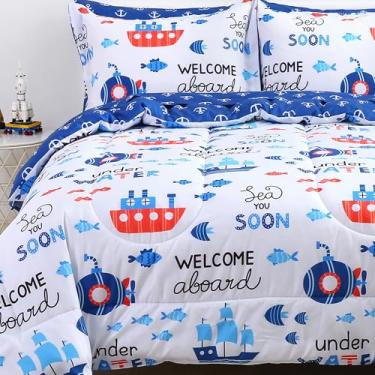 Imagem de Viviland Jogo de cama de solteiro infantil para meninas, conjunto de edredom macio com lençóis, 5 peças, cama de microfibra em um saco, navio marítimo náutico