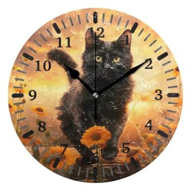 Imagem de CEBUGI Relógio de parede de gato preto, operado por bateria, relógios redondos silenciosos, sem tique-taque, para cozinha, banheiro, quarto, escritório, decoração 25,4 cm