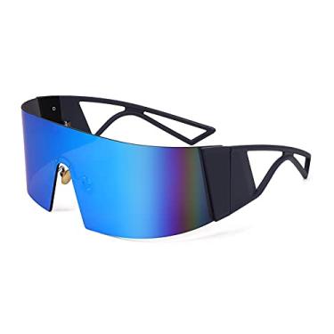 Imagem de FEISEDY Óculos de sol superdimensionados com parte superior plana futurista, óculos de sol peça única para mulheres e homens, óculos de sol modernos B4054, Armação azul/lente espelhada azul, 70mm