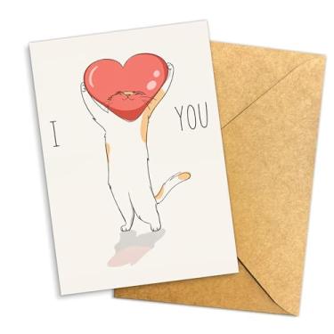 Imagem de I Love You Cat Card Cute Kitty with Heart Head Funny Adorable Animal Love Greeting for Boyfriend Girlfriend Husband Wife Sweet Valentine Anniversary Card Single 5.3''x20'' Dobrado com Envelope