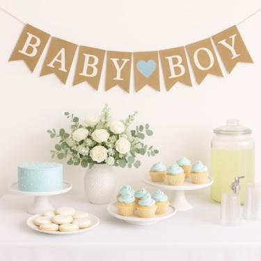 Imagem de Shimmer Anna Shine Faixa de serapilheira "Baby Boy" – Bandeiras de juta pré-montadas de 12,7 cm x 17,8 cm para chá de bebê e revelação de gênero com um coração azul claro