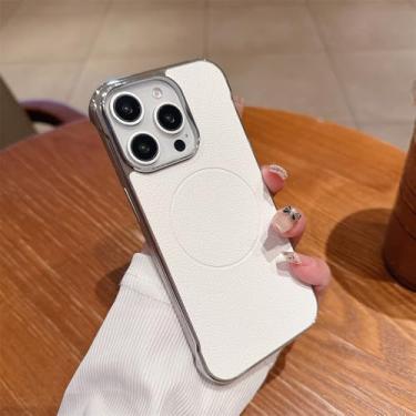 Imagem de Capa de telefone magnética sem moldura com revestimento de couro para iPhone 16 15 14 Plus 13 12 Pro Max, capa protetora de carregamento sem fio, branca, para iPhone 16 Plus