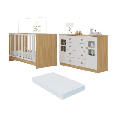 Imagem de Berço 3 Em 1 Com Colchão Incluso E Cômoda 2 Portas 4 Gavetas Brisa Multimóveis MP4755 Madeirado-branco