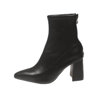 Imagem de Botas femininas de cano curto, bico fino, salto de metal, zíper nas costas, moderno, confortável, Preto, 34