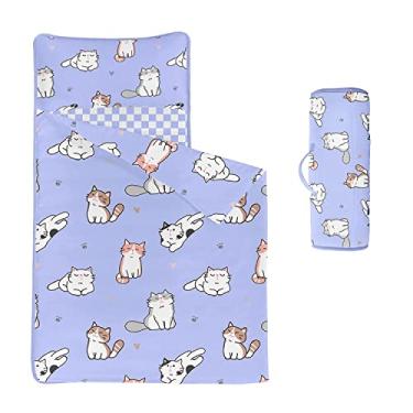 Imagem de Datura home Tapete para cochilo para gatos – Saco de dormir roxo com travesseiro removível – creche e festas do pijama pré-escola jardim de infância para crianças meninos meninas (127 cm x 53 cm gato roxo)