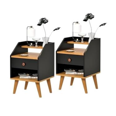 Imagem de Mesa de Cabeceira Pés Palito Retrô Criado Com 1 Gaveta Quarto Decoração (Kit 2 Preto-Freijó)
