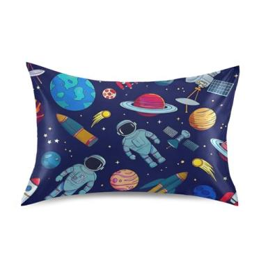 Imagem de Fronhas legais espaço planetas astronauta desenho animado cetim rei queen travesseiros padrão fronhas de cama resfriamento travesseiro tamanho queen 76,2 cm x 50,8 cm