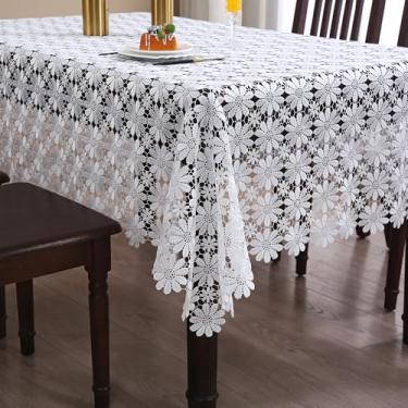 Imagem de ZHUIDUSI Toalha de mesa de renda feita de tecido bordado, macramê, cozinha, toalha de mesa de jantar, para primavera, férias ao ar livre (branca, retangular/oblonga, 152 x 213 cm)