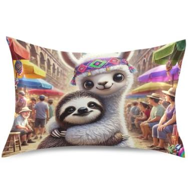 Imagem de Capa de almofada de cetim floral de preguiça fofa de lhama para o cabelo, capas de almofadas de resfriamento de animais, king size, 101,6 cm x 50,8 cm