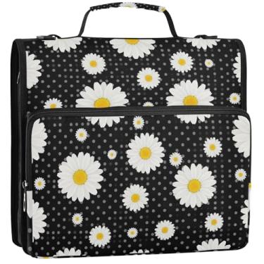 Imagem de Organizador de fichário com zíper, margaridas brancas, 3 anéis, 3 anéis, fichário de documentos com alça de ombro para portfólio escolar e estojo para pasta de anéis, 34,5 x 31,5 x 9 cm