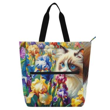 Imagem de GAIGEO Bolsa feminina Ragdoll Cat Iris Flowers Bolsa de trabalho de lona praia bolsa carteiro com zíper bolsa carteiro com compartimentos