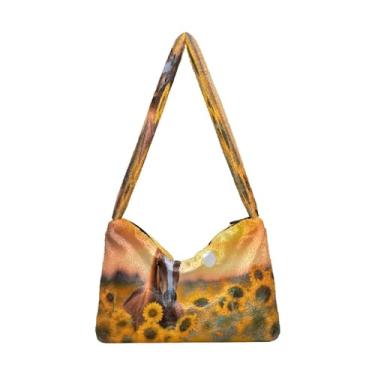 Imagem de Bolsa de ombro feminina preta com rosas e folhas florais, bolsa de ombro de tamanho médio, bolsas de outono, Cavalo nascer do sol no campo de girassóis - 2, One Size