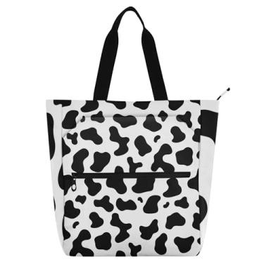 Imagem de GAIGEO Bolsa de trabalho irregular preta e branca com manchas de vaca para mulheres, bolsa de lona para livro de praia com zíper, bolsa feminina infantil com compartimentos