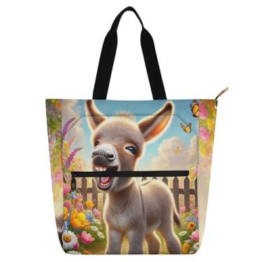 Imagem de GAIGEO Bolsa de lona floral alegre com estampa de flor de burro para crianças, mulheres, zíper, escola, trabalho, bolsa de mão