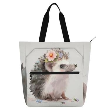 Imagem de GAIGEO Sacola feminina de lona com flores de ouriço para trabalho e praia com zíper, bolsa carteiro para amantes de livros