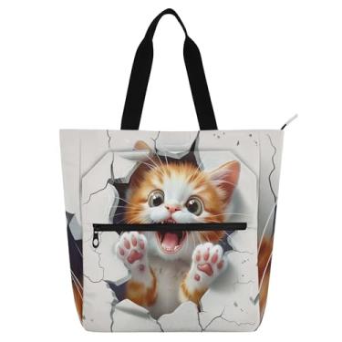Imagem de GAIGEO Sacolas femininas engraçadas de gato através da parede para trabalho, lona, praia, escola, bolsas para professores, amantes de livros