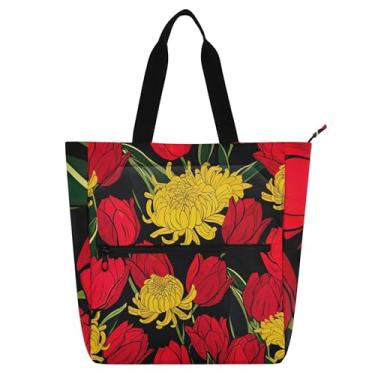 Imagem de GAIGEO Bolsa de trabalho feminina de crisântemo amarelo com tulipas vermelhas, lona, praia, livro, com zíper, presente para professores, para amantes de livros