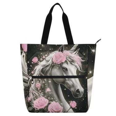Imagem de GAIGEO Bolsa de mão cinza unicórnio rosa rosa livro para crianças mulheres professoras com zíper lona média trabalho escolar impressão floral