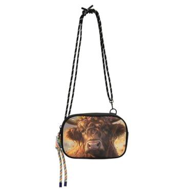 Imagem de TSENQUE Bolsa transversal feminina pequena bolsa de telefone com alça feminina linda vaca Highland flores sobre ombro bolsas de viagem