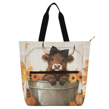 Imagem de GAIGEO Bolsa feminina outono Highland vaca abóbora de lona com zíper bolsa de praia infantil linda bolsa de mão com compartimentos