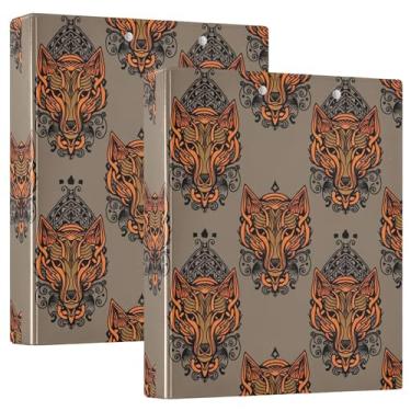 Imagem de Fichários personalizados com cabeça de lobo laranja marrom de 3,8 cm, 3 anéis, 200 folhas, 3 pastas de anéis, fichário redondo, 31,5 x 27 x 6 cm, pacote com 2