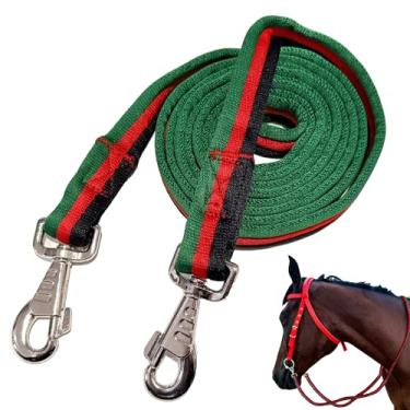 Imagem de Kabahorze Rédeas de cavalo com encaixes, 2,5 cm x 2,5 m, rédea de corda plana para cabeçote de cavalo | Aderência durável, macia e confortável (verde, vermelho e preto)