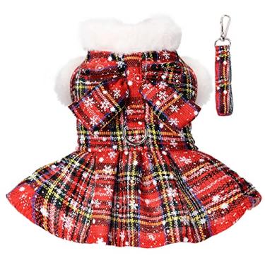 Imagem de Vestido de arreio de cachorro de Natal com conjunto de trela xadrez vermelho suéteres para cães pequenos menina roupas de inverno quentes para animais de estimação roupas de cachorro bonito laço vestuário gato feriado fantasia de festa de natal (médio, vermelho)