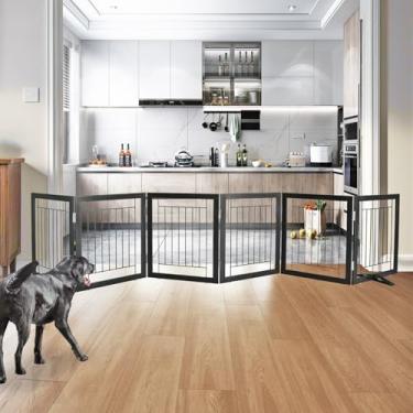 Imagem de Cerca interna para cães – portão independente de 6 painéis para portas, corredores, casa ou escadas - animal de estimação de madeira expansível retrátil de 300 x 61 cm da SFJC (preto)